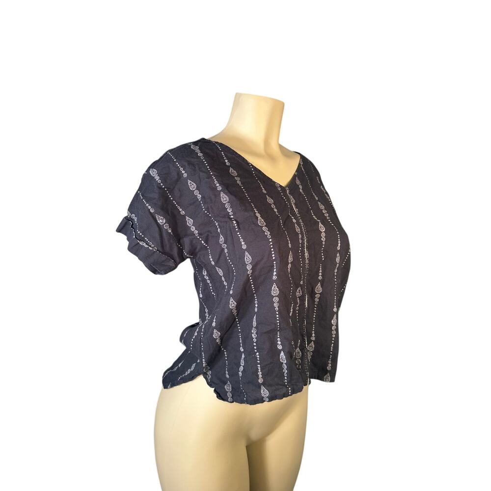 Women M Neer Yoga and Spa Fabindia Black Blouse Top Short Slv Cotton Printed